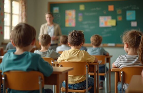 Elementary school class. Students listen teacher. Teacher explains lesson near blackboard. Group of children learn. Education, knowledge, teaching, learning process at primary school.