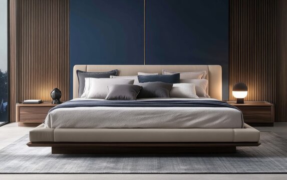 Cozy bedroom setup featuring a double bed with a beige upholstered headboard