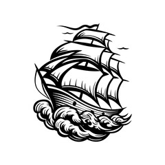 Illustration depicting a classic tall ship with billowing sails, amidst waves