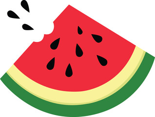 Bitten red watermelon slice with green rind and black seeds vector isolated on a transparent background. Hand drawn trendy flat style.