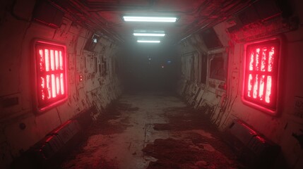Atmospheric interior of futuristic corridor with red light and dark perspective