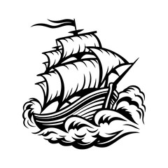 Black and white illustration of a vintage sailing ship on rough seas