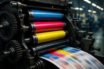Industrial Offset Printing Press in Full Operation Detailed Close Up of Rollers and Color Ink Application in a Bustling Publishing House