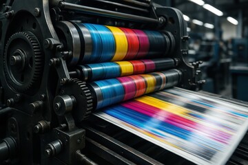 Industrial Offset Printing Press in Full Operation Detailed Close Up of Rollers and Color Ink Application in a Bustling Publishing House