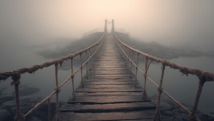 Fototapeta premium Mystical Suspension Bridge Disappearing into Ethereal Fog Over Tranquil Water