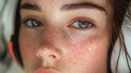 Close-up Portrait: A Young Woman with Freckles Listening to Headphones