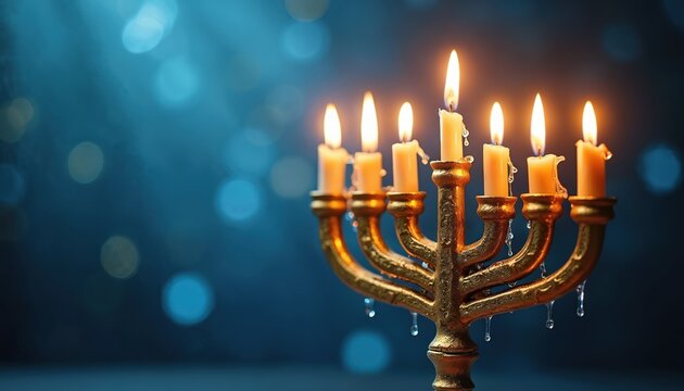Hanukkah lit menorah with melted wax, glimmering flames, hope, resilience. Candle lights, gold stand on blue background. Traditional Jewish holiday, family celebration, religion, culture event.