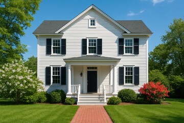 Quaint Americana Classic White Clapboard House with a Charming Red Brick Sidewalk and Manicured Green Lawn on a Sunny Day