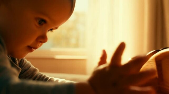 Baby's little fingers explore a wooden shelf for small toys in warm natural light