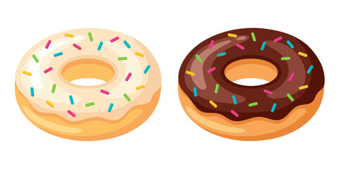Flat vector cartoon-style illustration of two donuts: one with white glaze and one with chocolate glaze, both topped with colorful sprinkles. Colorful and bright design.