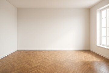 Fototapeta premium Spacious Modern Interior Empty Room with Polished Wooden Parquet Floor and a Large Blank White Wall Ready for Customization or Virtual Staging