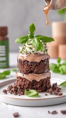 Tiered Chocolate Cake with Cream Basil Topping on Plate. Caramel Drizzle over Vegetarian Dessert. Delicious Sweet Treat on White Surface.