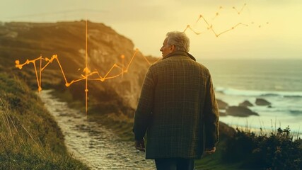 Man walking on coastal path with overlayed financial chart - Powered by Adobe