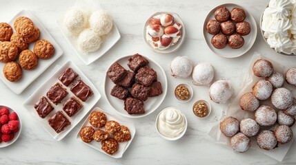 Obraz premium Sweet Plates Displaying Assorted Brownies Cookies Coconut Balls and Raspberries Delicious Vegetarian Desserts on White Marble Tabletop Overhead View