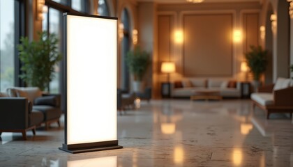 Blank retractable banner mockup in chic hotel lobby setting. Upscale interior design, ambient lighting, promoting brand. Elegant decor, event display for marketing business. Welcoming atmosphere,