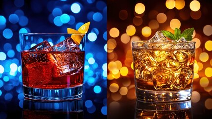 Two cocktails, red and amber, ice, bokeh lights background