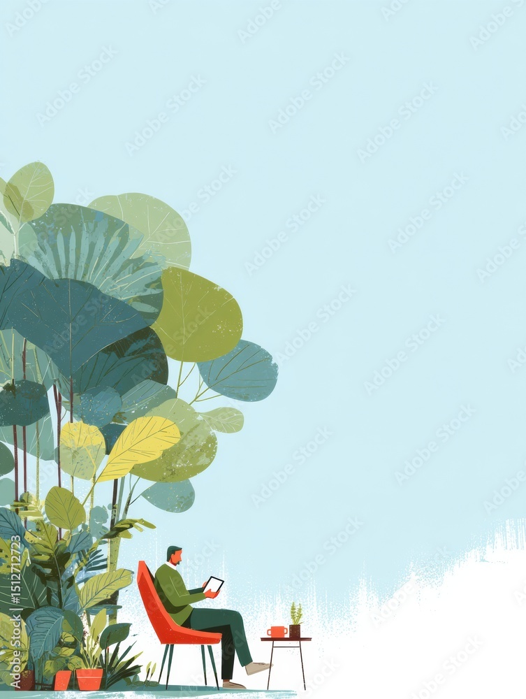 Poster Remote Worker Enjoys Productivity in a Tranquil Garden While Using a Tablet Surrounded by Lush Greenery
