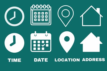 Clock, calendar, location. Time, date and address icon set. travel icons set