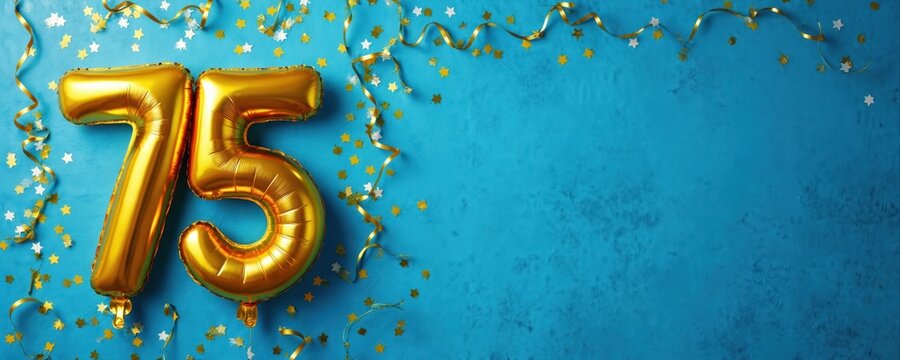 Golden foil balloon number seventy five. Concept of happy birthday, anniversary, retirement or other special events. 75 years celebration, banner design. Gold confetti, blue background.