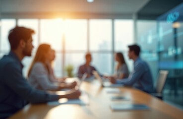 Blurred business office meeting. People in casual wear sitting at conference table with laptops. Modern workplace interior with large windows. Teamwork concept, business communication.