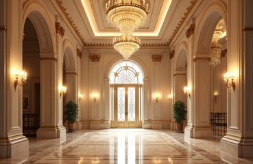 Luxurious hotel entrance hall illustration. Grand lobby with crystal chandeliers marble floor, gold decor. Elegant architecture, classic design. Bright interior scene, luxury hotel, ai generated art.