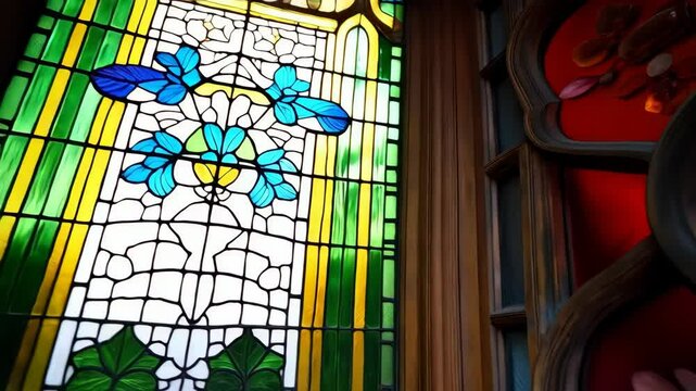 Close up of a colorful glass window with floral and geometric motifs arranged in patterns, artful and stylized. - Powered by Adobe