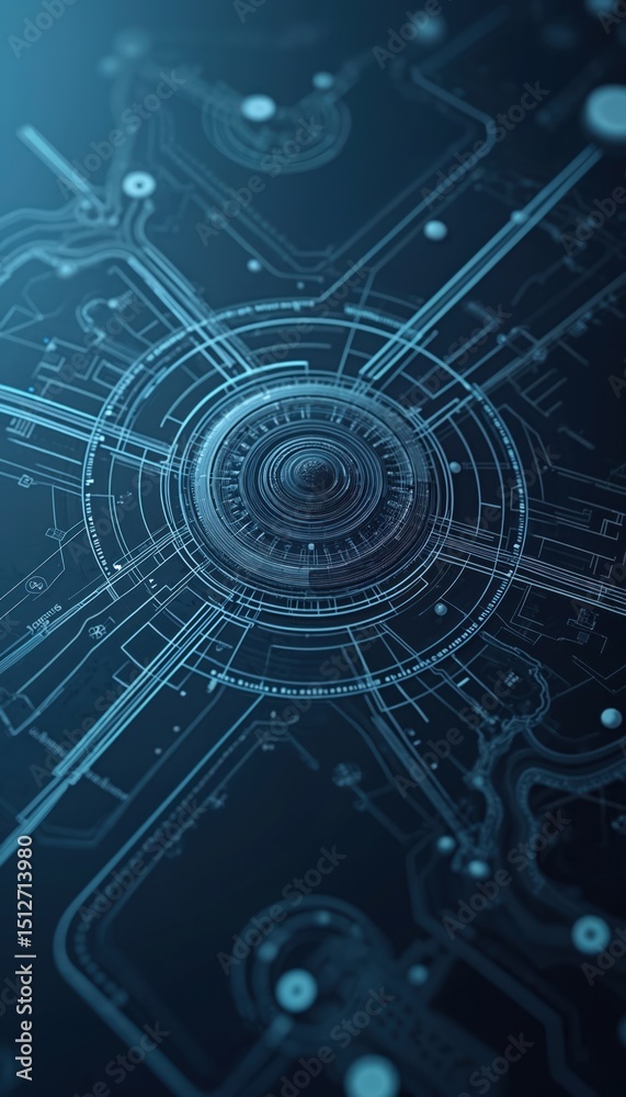 Poster intricate tech blueprints geometric patterns deep blue background. represents innovation engineering