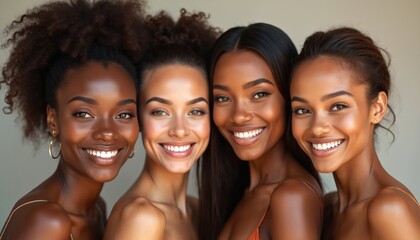 Fototapeta premium Four beautiful women portraits. Diverse group of models, various ethnicities smiling. Woman glowing, smooth skin, healthy teeth, radiant appearance. Beauty, skincare, cosmetics, fashion concept. AI