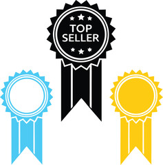 Three Colorful Badges with Ribbons Top Seller Blue Black and Yellow