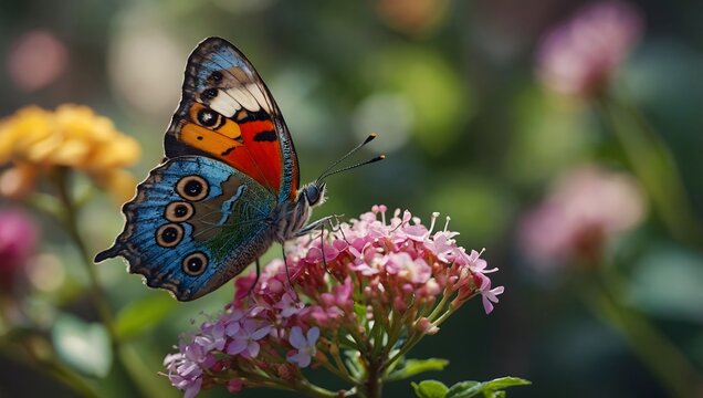 rainbow-colored butterfly perched on a blooming flower-covered branch