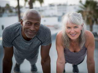 Happy middle aged couple doing sports together. Mature couple doing exercise outdoors. Fitness and healthy lifestyle concept.