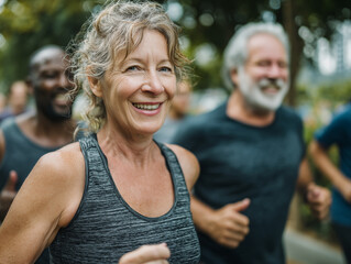 A diverse group of mature people doing sports together outdoors. People enjoying active and healthy lifestyle. Fitness and beautiful aging concept.