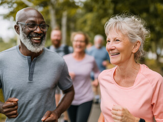 A diverse group of mature people doing sports together outdoors. People enjoying active and healthy lifestyle. Fitness and beautiful aging concept.