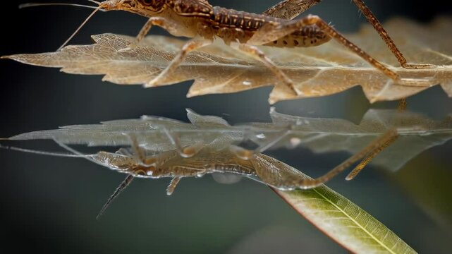 Macro shot of a brown mayfly nymph resting on a leaf above its clear water reflection highlighting the insect's legs, gills, and antennae.