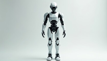 Full body front view of modern humanoid robot isolated on white background. Contemporary advanced robotic tech concept. Futuristic design of sleek, minimalist, detailed android. Tech, innovation, AI.
