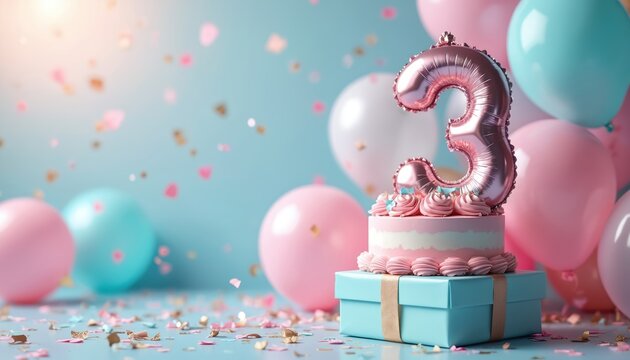 Festive birthday party scene celebrates third anniversary. Cake with number three balloon confetti against blurred blue pink background. Joyful event, gift, fun, happy third anniversary.