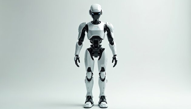 Full body front view of modern humanoid robot isolated on white background. Contemporary advanced robotic tech concept. Futuristic design of sleek, minimalist, detailed android. Tech, innovation, AI.