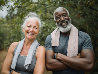 Happy middle aged couple doing sports together. Mature couple doing exercise outdoors. Fitness and healthy lifestyle concept.