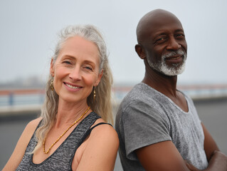 Happy middle aged couple doing sports together. Mature couple doing exercise outdoors. Fitness and healthy lifestyle concept.