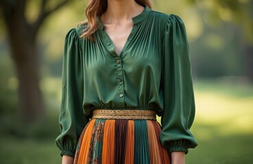 Fashionable woman in deep green blouse with pleated details. Sophisticated look of elegance, vintage style, craftsmanship. Colorful patterned skirt, trendy outfit, boutique inspiration, spring summer