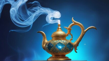 Magic lamp, ornate gold genie lamp, antique Arabic Aladdin oil lamp, mystical golden artifact with intricate detail  hd video download