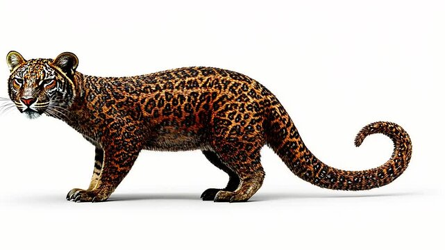 Elegant ocelot standing confidently on a white backdrop, showcasing unique colors