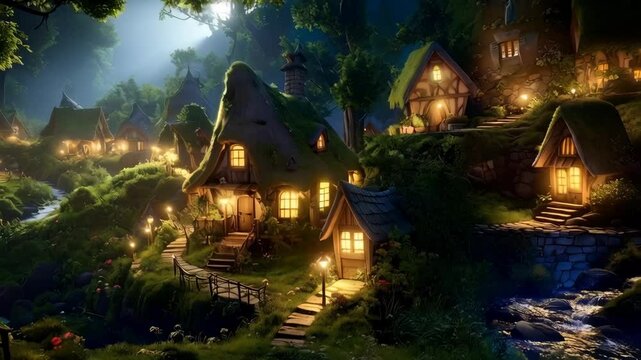 Whimsical fairytale village nestled in a lush forest with glowing cottage windows and mossy rooftops at twilight