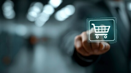 Businessman pressing a digital shopping cart icon symbolizing ecommerce and online shopping t