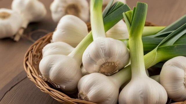 Close up of fresh green young garlic on a wickered basket, close-up view of whole bulb and visible green leaves, on wooden table, footage.