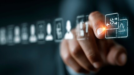 Finger Interacting with Futuristic Touchscreen Displaying User Profiles and Data Transfer Icons