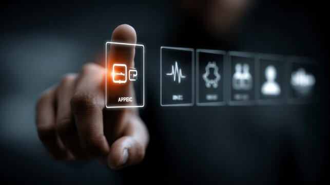 Finger interacting with futuristic touch screen interface displaying health and technology icon