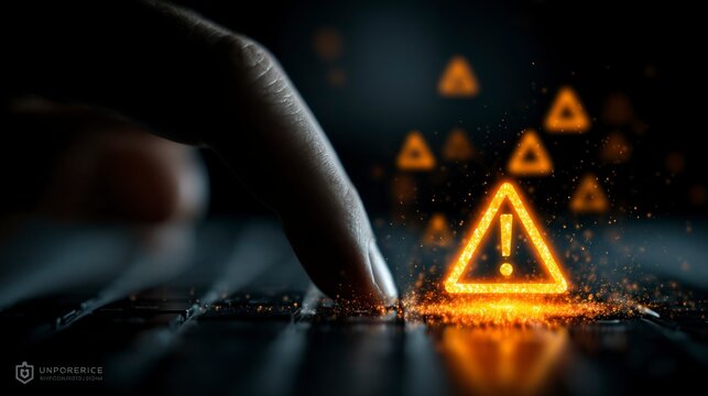 Finger Pressing Keyboard with Glowing Warning Symbol Highlighting Cybersecurity and Alert Syst