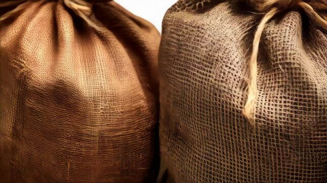 Two filled burlap sacks close up against a white background, tied with twine, rustic and simple design element, organic material, neutral colors