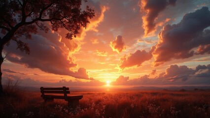 Obraz premium beautiful landscape photograph sunset sky filled vibrant orange yellow hues sun setting background sun partially obscured large clouds creating dramatic moody atmosphere side large tree its branches